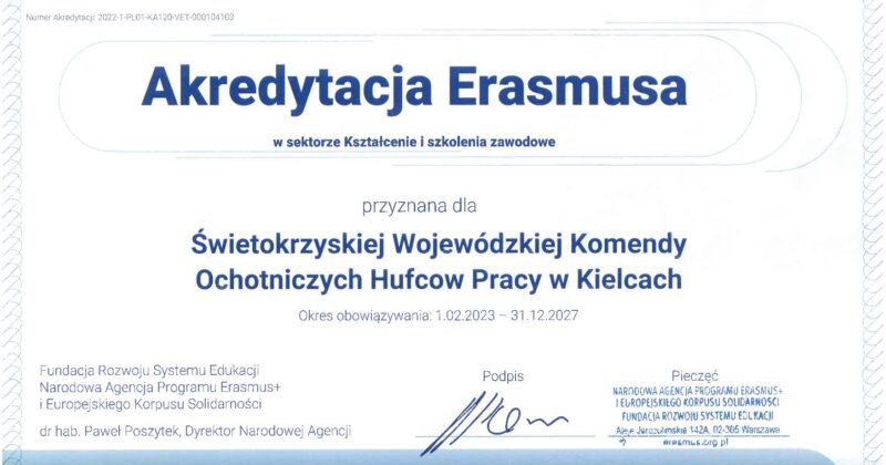 Akredytacja ERASMUSA dla Świętokrzyskiej Wojewódzkiej Komendy OHP w Kielcach